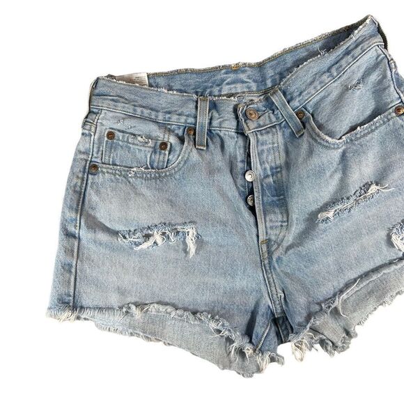 Levi’s 501 Light Wash Distressed Heavily Frayed Denim Cut Off  Shorts - Picture 3 of 9